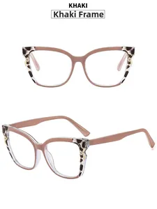 Detailed views of khaki cat eye glasses frames with leopard print accents and gold hinges