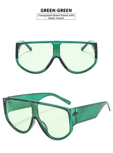 Detail of trendy green oversized shield sunglasses with transparent frames and lenses