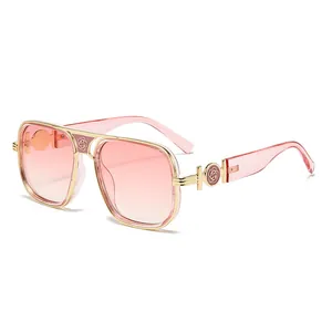 Pink gradient square sunglasses with gold metal frame and floral embossed detail