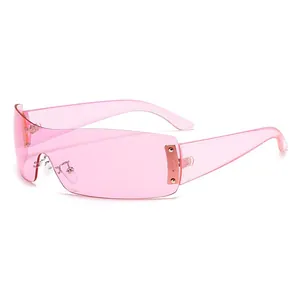 Lunettes de soleil de sport Y2K sans monture rose translucide à écran unique