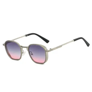 Retro polygon metal sunglasses with gradient purple lenses and golden frame for fashion