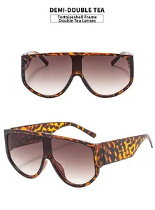Detailed view of oversized tortoise shell frame sunglasses with double tea gradient lenses