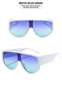 Detailed view of white frame sunglasses with blue to green gradient lenses