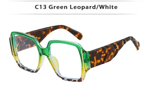 Detail of square gradient green to yellow sunglasses frames with leopard print temples