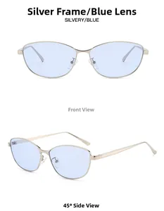 Front- und Seitenansicht der silbernen Cat-Eye-Sonnenbrille mit hellblauen Gläsern