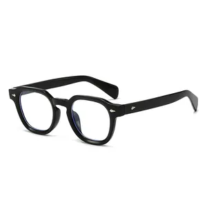 Retro black square frame glasses with silver arrow rivets and clear anti-blue light lenses