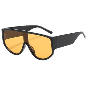 Fashionable oversized shield sunglasses with black plastic frame and yellow lenses