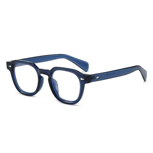 Retro translucent navy blue square frame glasses with vintage silver diamond rivets