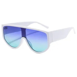 Fashionable oversized shield sunglasses with white frame and blue-green gradient lenses