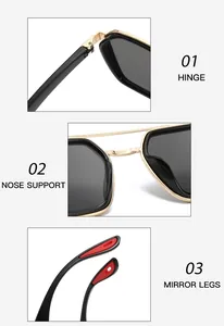 Detail view of reinforced metal hinges and non-slip nose pads on punk sunglasses