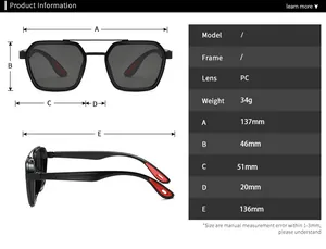 Size chart showing exact dimensions of polygon double bridge punk style sunglasses