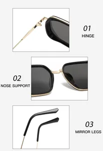 Detail view of durable metal hinges and ergonomic nose pads on stylish square sunglasses
