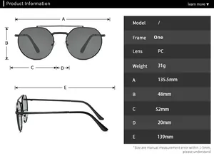 Detailed size chart for oval double-bridge metal sunglasses with dimensions and weights
