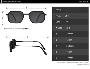 Detailed size chart for square metal sunglasses with precise dimensions and weight