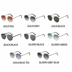 Detail view of double bridge metal sunglasses in eight different color combinations
