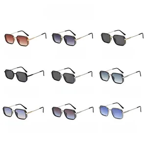 Macro display of nine square metal frame sunglasses in gold silver and black colors