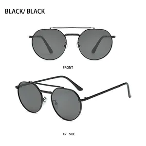 Close-up of black metal double bridge sunglasses with round lenses from front and side views