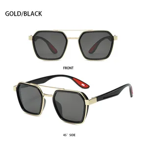 Front and 45-degree side views of gold and black dual-beam metal frame sunglasses