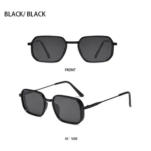 Front and side view details of black square metal sunglasses with dark lenses