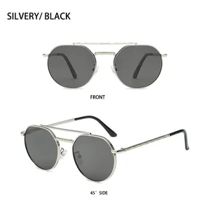 Detailed front and side views of double bridge metal sunglasses with silver frame