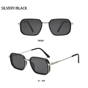 Front and 45-degree side views of silver metal square sunglasses with black accents