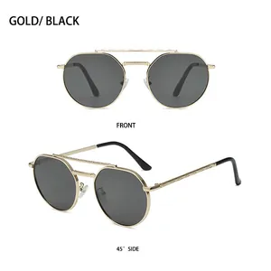 Detailed front and 45-degree views of retro gold metal sunglasses with engraved bridge