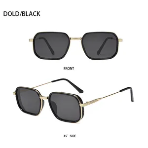 Detail of square gold and black sunglasses showing front and 45-degree side textured frame