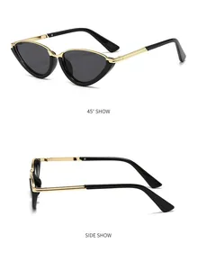 Detailed side views of cat eye sunglasses showing golden metal temples and black frame