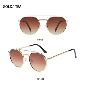 Front and 45-degree side view of gold metal sunglasses with tea gradient lenses