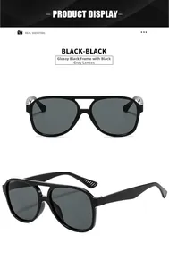 Detail view of glossy black aviator sunglasses with dual-bridge and tinted lenses