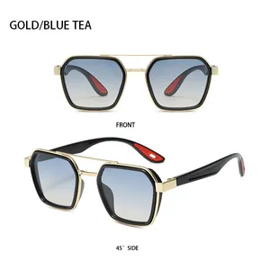 Front and side view of punk retro geometric sunglasses with gold frames and blue tea lenses
