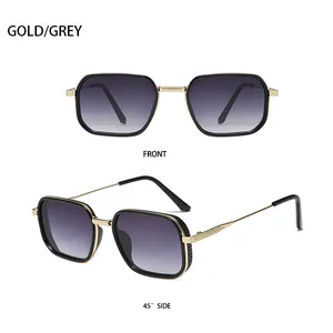Close-up of gold metal square sunglasses with dark grey gradient lenses from two angles
