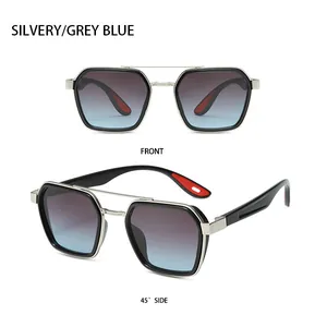 Close-up of polygon metal sunglasses with double bridge and grey blue gradient lenses