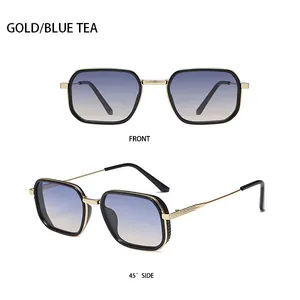 Detailed front and side views of gold square sunglasses with blue tea gradient lenses