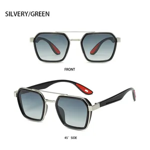 Front and side view of punk style silver metal sunglasses with green gradient lenses