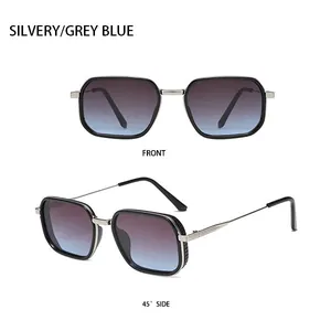 Silvery metal square sunglasses featuring grey blue gradient lenses and textured temples