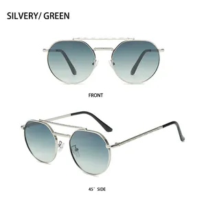 Detail of silver double bridge sunglasses with green gradient lenses and engraved temples