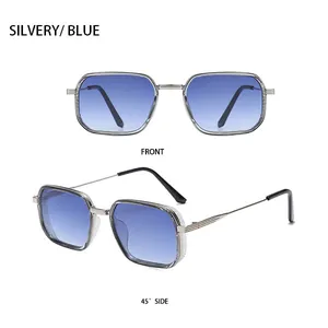 Close-up of square metal sunglasses with silver frame and blue gradient lenses