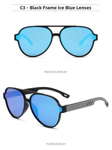Détail de lunettes aviateur avec monture noire, verres bleu glacier et texture carbone chic
