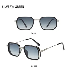 Front and 45-degree side views of square metal sunglasses with silver and green lenses