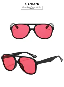 Detail view of glossy black aviator sunglasses frame with translucent red lenses