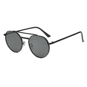 Retro Double Bridge Metal Sunglasses Geometric Round PC Lens UV400 Engraved Texture Frame Trendy Sun Glasses For Men Women