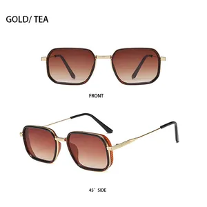 Front and 45 degree side view of gold metal square sunglasses with tea gradient lenses