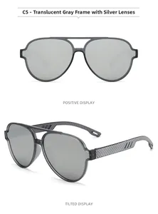 Détail de lunettes aviateur gris transparent avec verres réfléchissants argentés