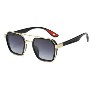 Retro polygon sunglasses with gold metal frame, dark grey gradient lenses and black temples