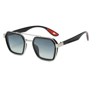 Retro punk polygonal sunglasses with dual silver bridge and gradient gray lenses for men