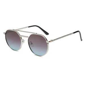 Retro double-bridge metal sunglasses with silver frame and pink-blue gradient lenses