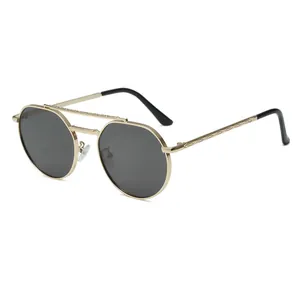 Retro double-bridge metal sunglasses with golden frame and dark grey UV400 lenses