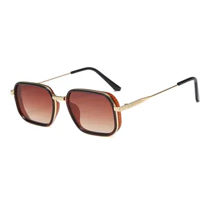 Retro square metal sunglasses with gold frame and brown gradient lenses for men