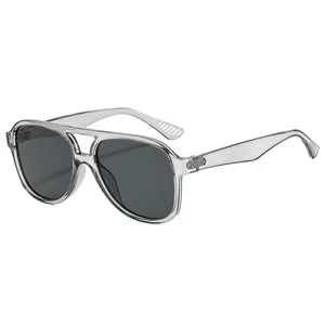 Classic aviator sunglasses with transparent double-bridge frame and dark grey lenses